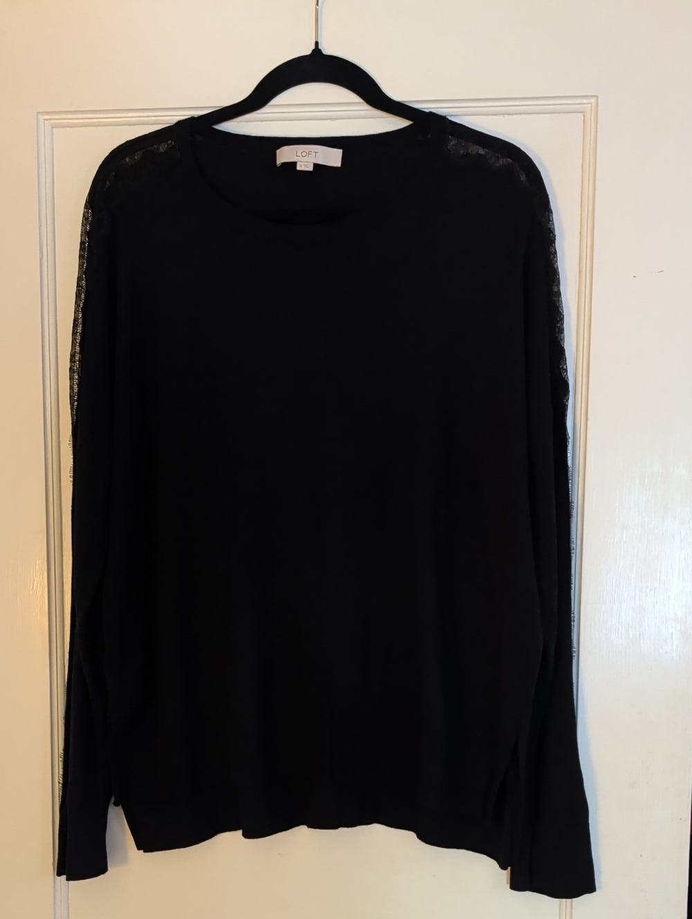 LOFT Black Crewneck Sweater with Lace Shoulder Trim, Sz XL
